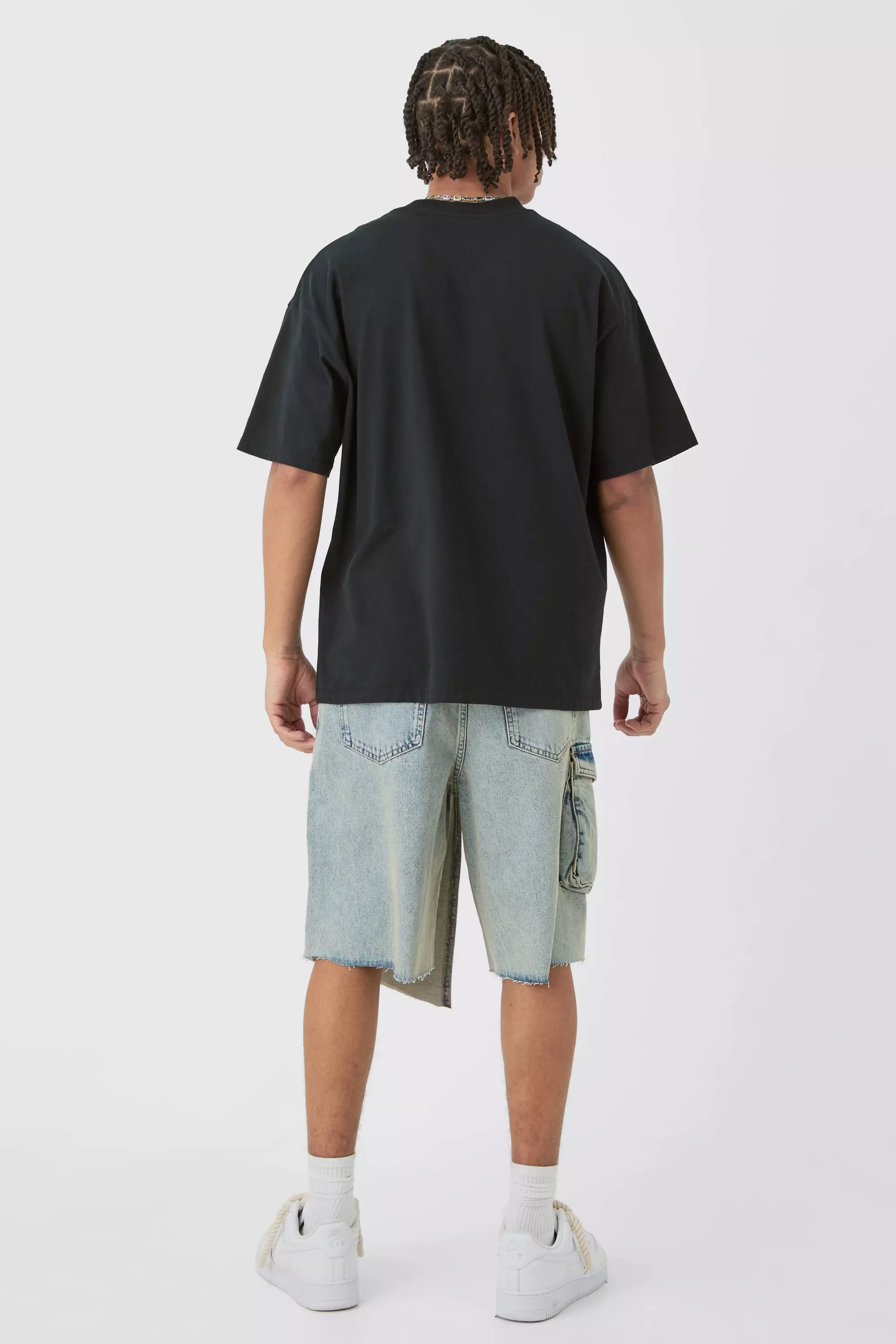 Strap Overlayed Denim Cargo Jorts In Light Blue | boohooMAN USA
